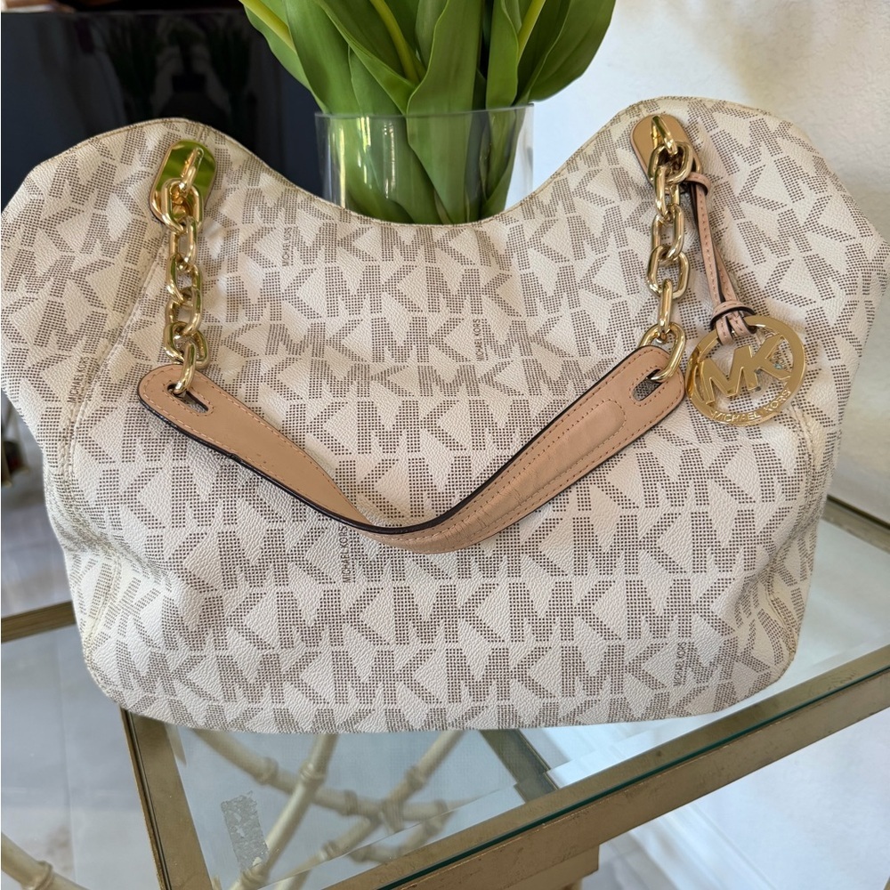 Michael Kors Cream Monogram Shoulder Bag With Gold Accents
